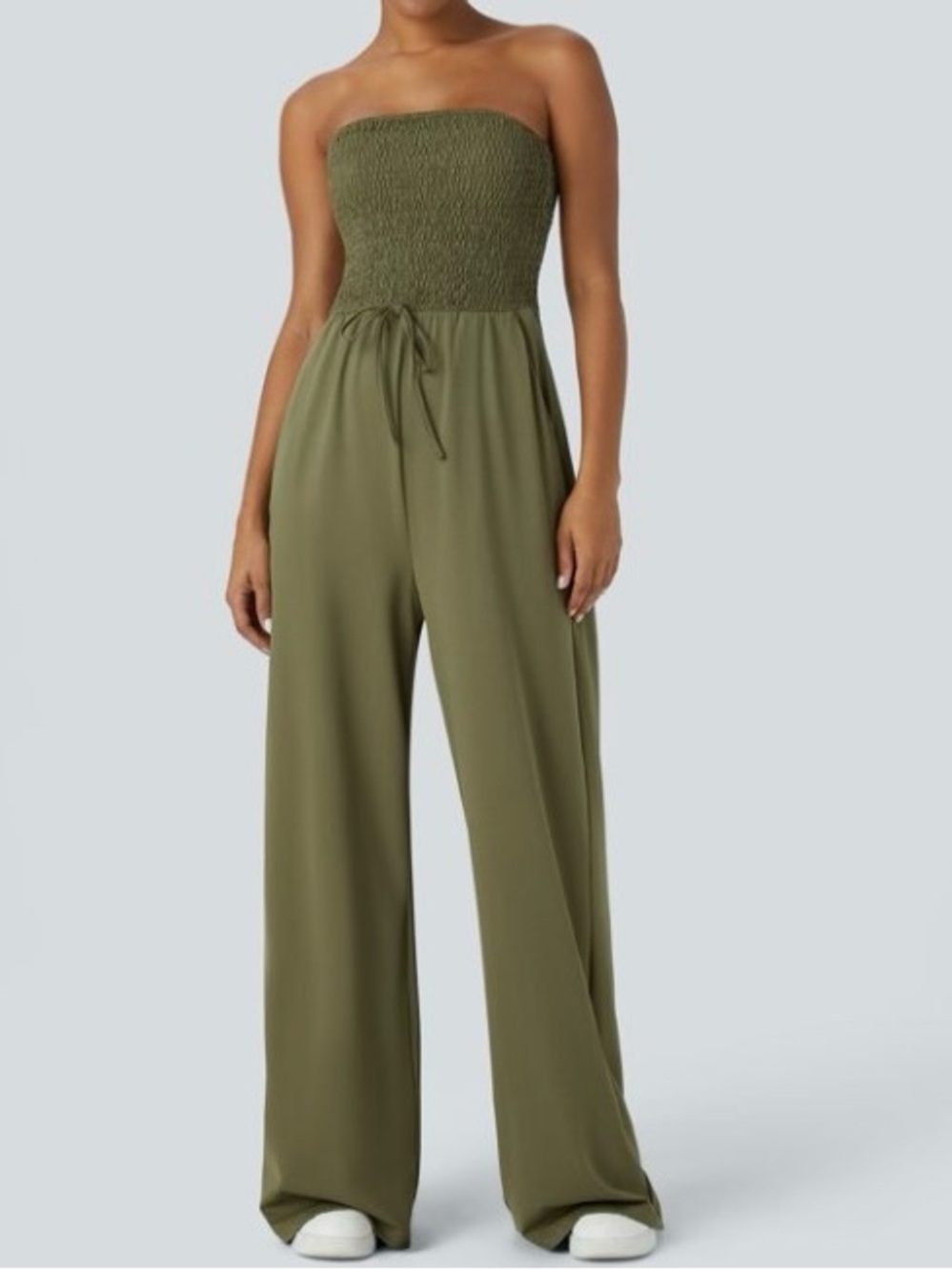🆕 Halara Jumpsuit Shirred Knot Top Wide Leg Pant w Pockets! Event Guest Olive L
